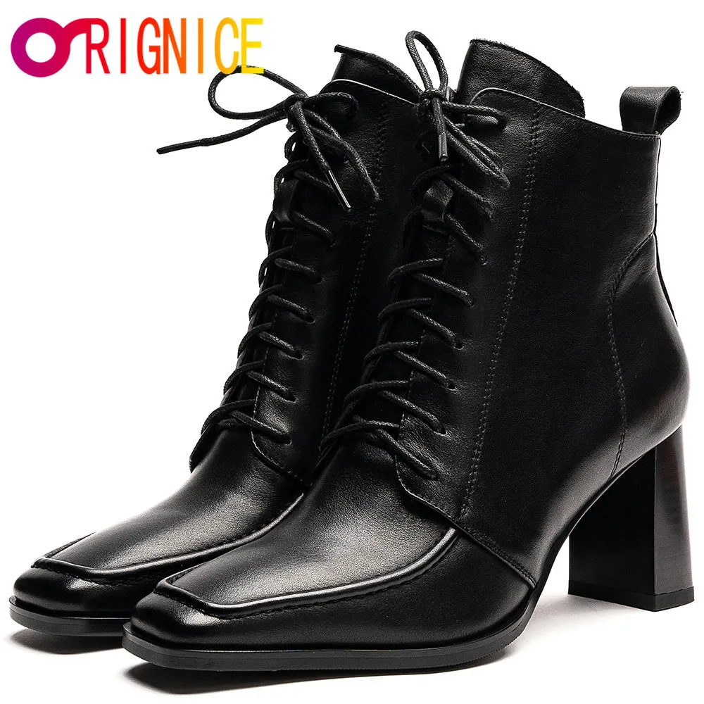 

Orignice 2021 осень-зима дизайнерские Роскошные ботильоны из натуральной коровьей кожи на высоком каблуке со шнуровкой и молнией с квадратным но...