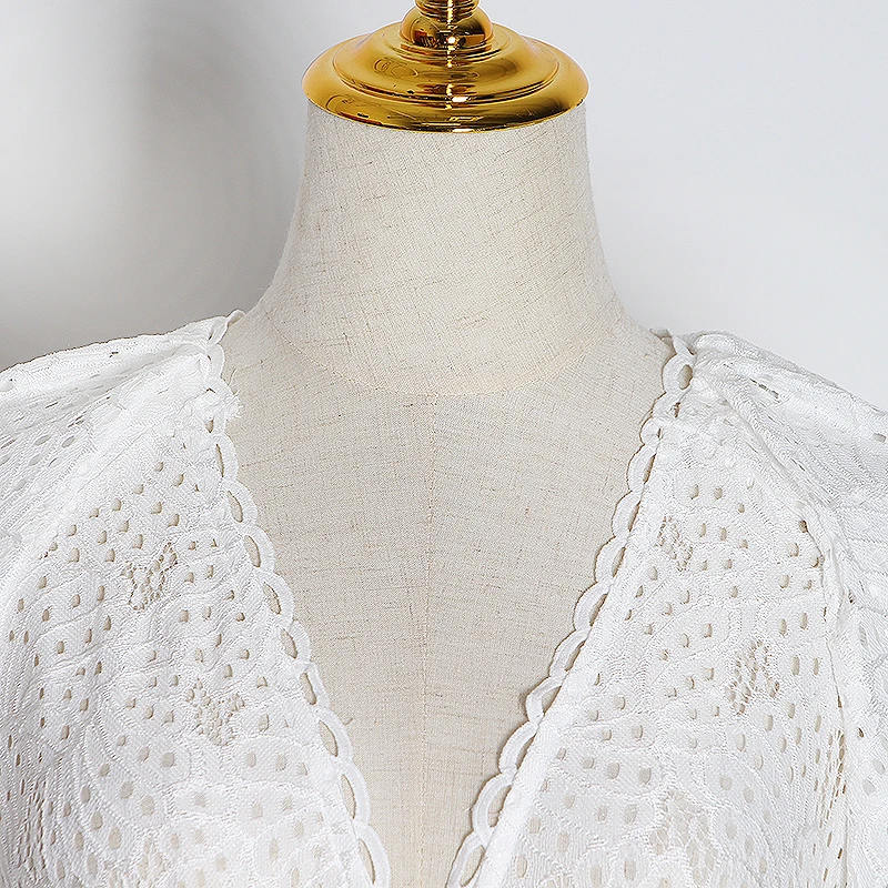 

CHICEVER Bohemian Style Dress For Women V Neck Puff Short Sleeve High Waist Asymmetric Hem Hollow Out Dresses Female 2020 Tide