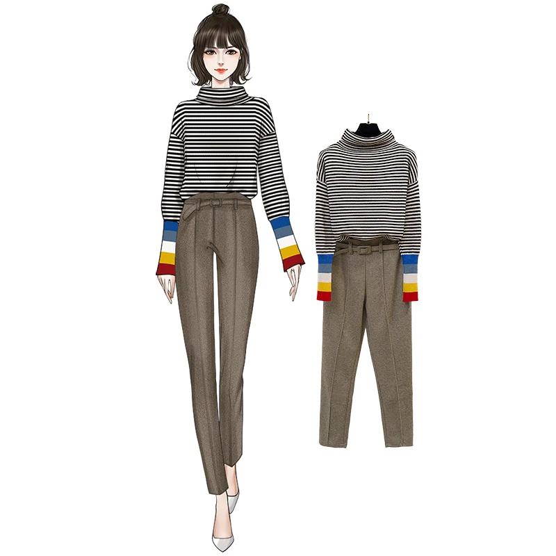 

2019 New Winter Korean Fashion Color Sleeve Turtleneck Stripe Sweater Set Straight Tall Waist Leisure Woolen Pants