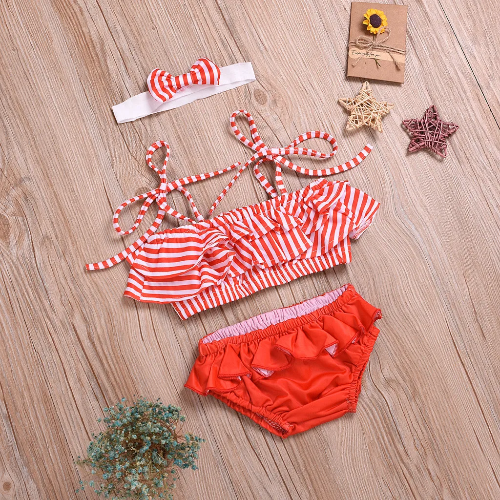 Детский купальный костюм для маленьких девочек Полосатый ремень бикини пляжный