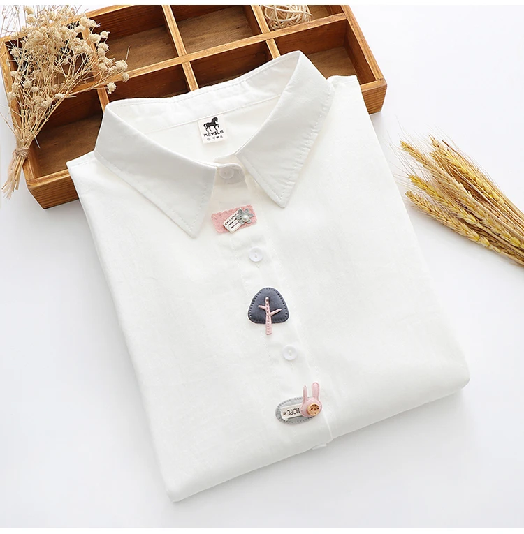 2021 Spring New Women Casual Appliques Cotton White Shirt Long Sleeve Short Blouse Autumn Solid Cute Sweet Girl Tops T0D001F silk blouses