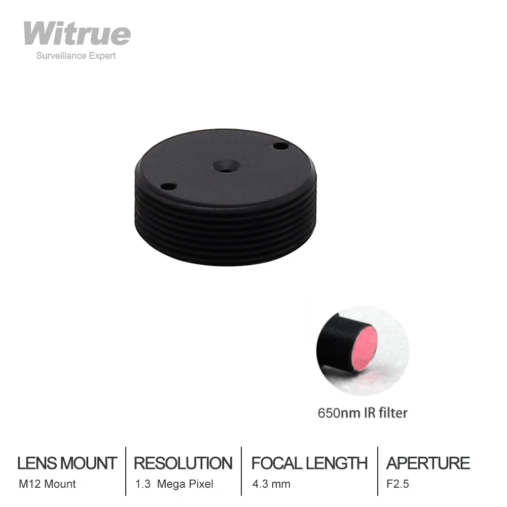 

Witrue Pinhole Lens 4.3mm M12 Mount 1.3 Megapixel 1/3" F2.5 with 650nm IR Filter for mini Camera CCTV Security Cameras