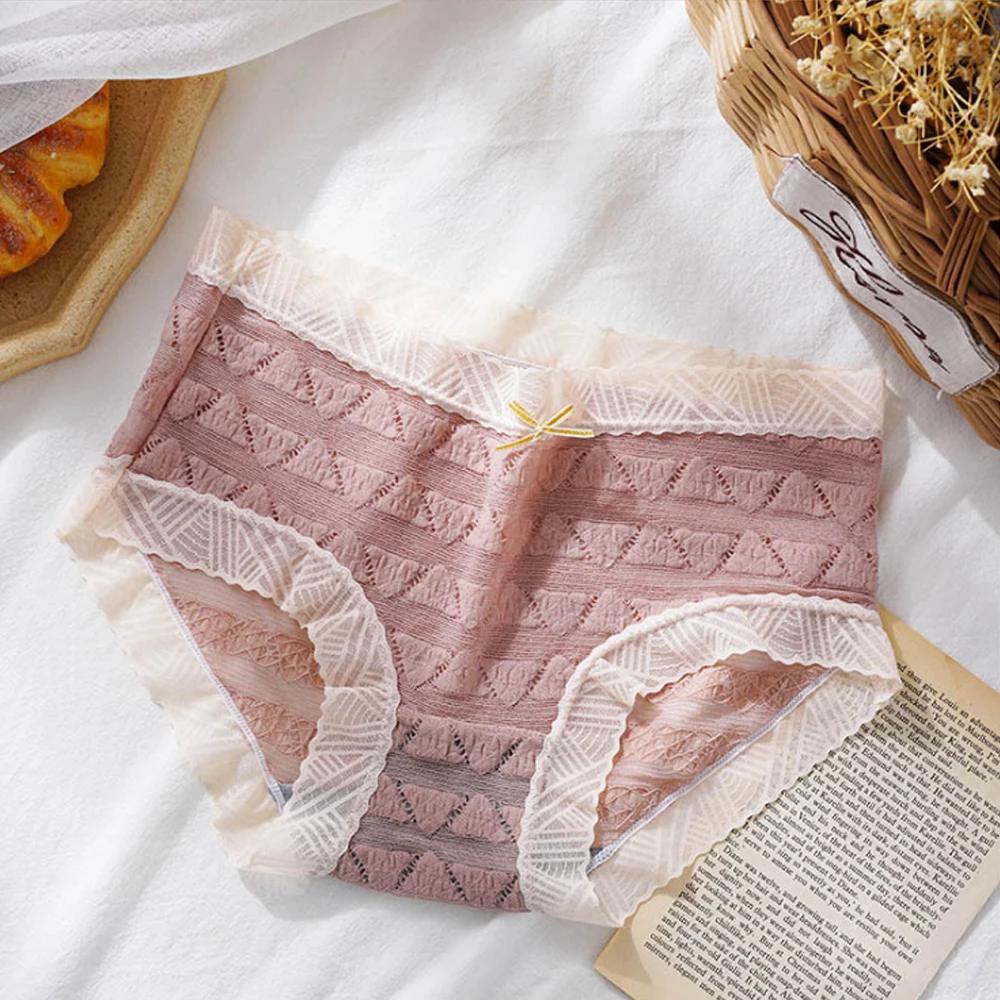 

2021 Kawaii Japanese Style Bubble Mesh Lace Side Panties Sweet Young Girl Underwear Cotton Crotch Briefs Lingerie Women
