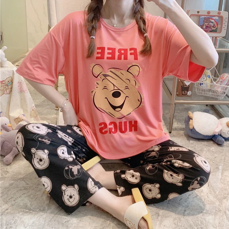 

Disney Cartoon Kawaii Sleepwear Pyjamas Mickey Mouse Daisy Lion Leopard Print Women Pajamas Casual Cotton Ms Pijama Set HomeWear