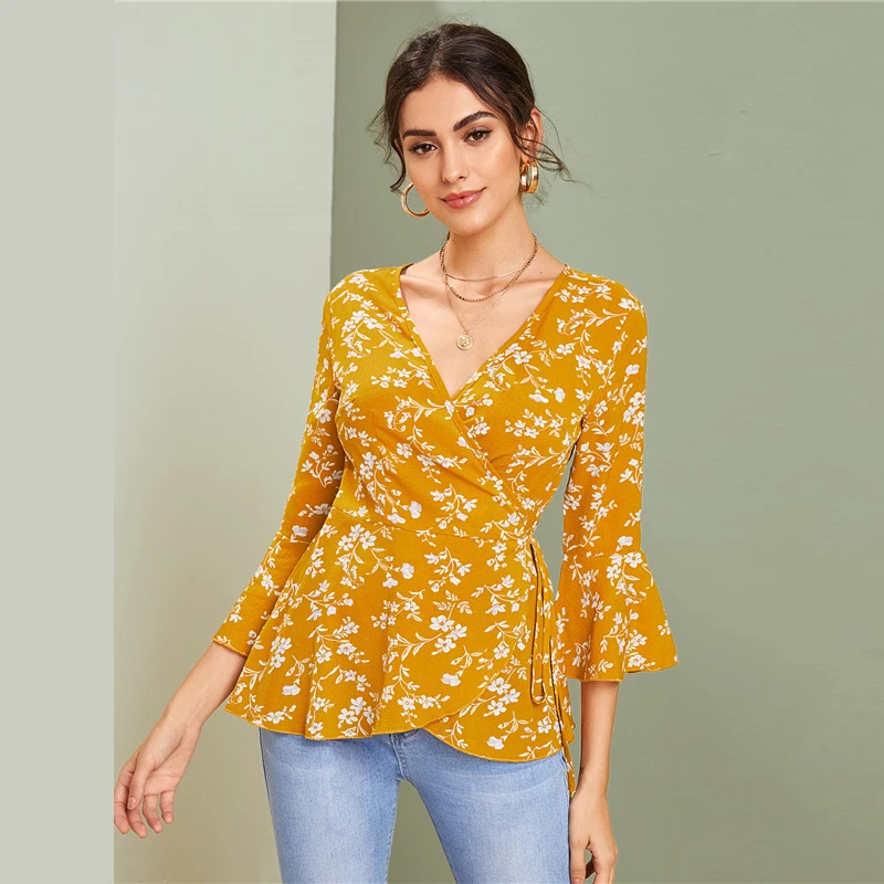 SHEIN V шеи Ditsy цветочный принт Узелок Бохо Вязаная блуза с запахом женские топы осенний праздничный рукав-Волан дамские облегающие блузки