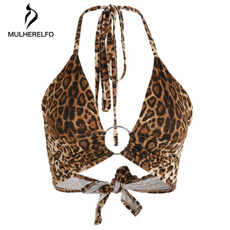 

Women's Camis Leopard Printed Tops Sexy Halter Crop Top Backless Bandage Lace Up Ring Tank Top Party Club Female Camisole