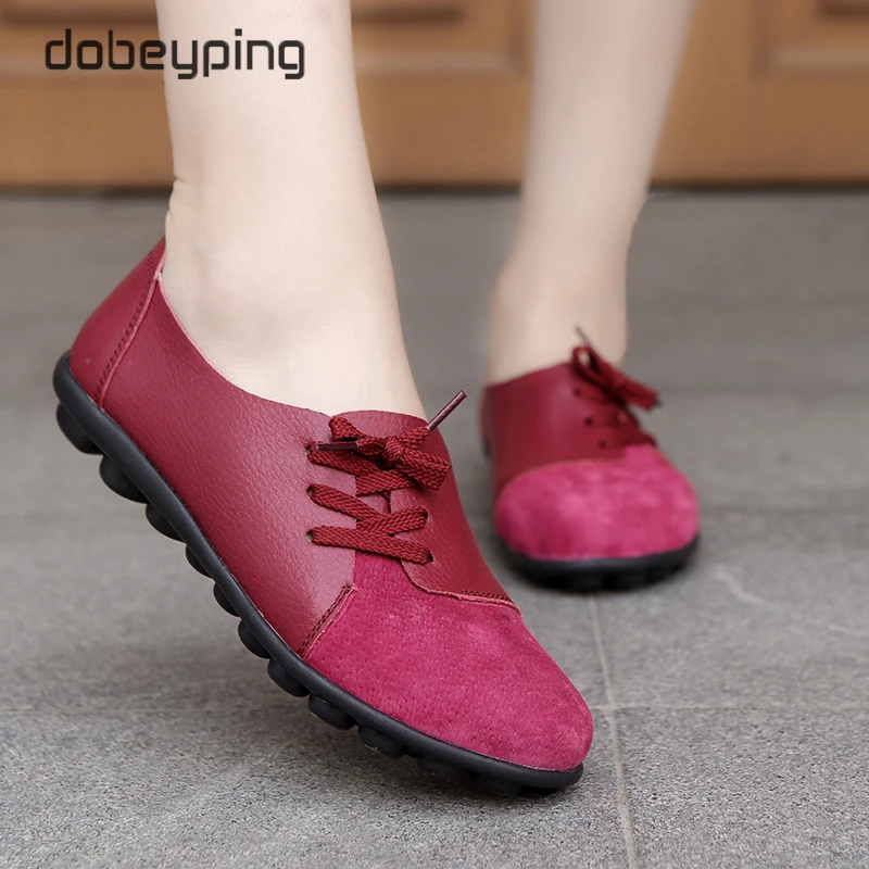 dobeyping New Genuine Leather Women Flats Spring Autumn Woman Shoes Lace Up Women's Loafers Solid Female Casual Shoe Size 35-44