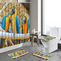 4pcs parrot shower curtain couple colorful bird tropical green leaf forest waterfall scenery non slip rugs bathroom decor carpet