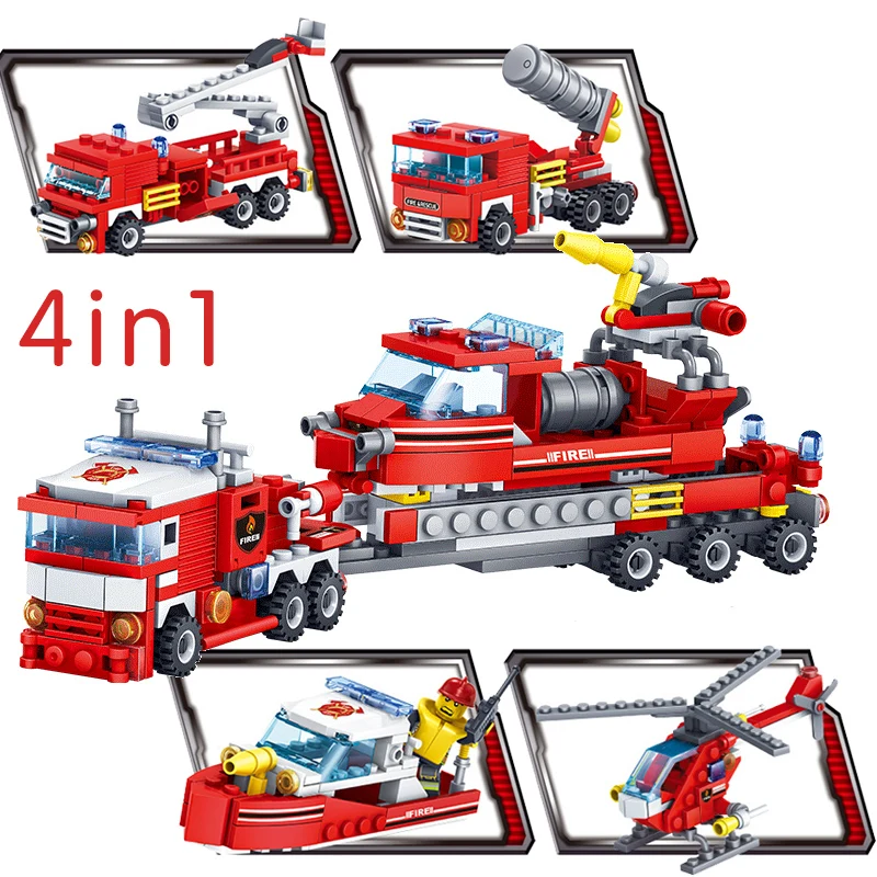 

4in1 Boat Helicopter City Fire Truck Model Building Blocks Construction Firefighter Vehicle Enlighten Bricks Toys For Children