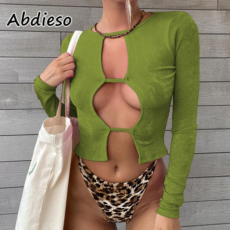 

Женский короткий топ с длинным рукавом Abdieso, зеленый пикантный облегающий топ с вырезами, Y2k, коллекция осень 2021 года, Повседневная Уличная м...