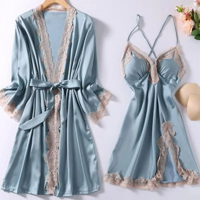 

Burgundy Split Robe Set Women Lace Trim 2PCS Sleepwear Summer Satin Sleep Suit Femme Comfy Kimono Gown V-neck Home Dressing Gown
