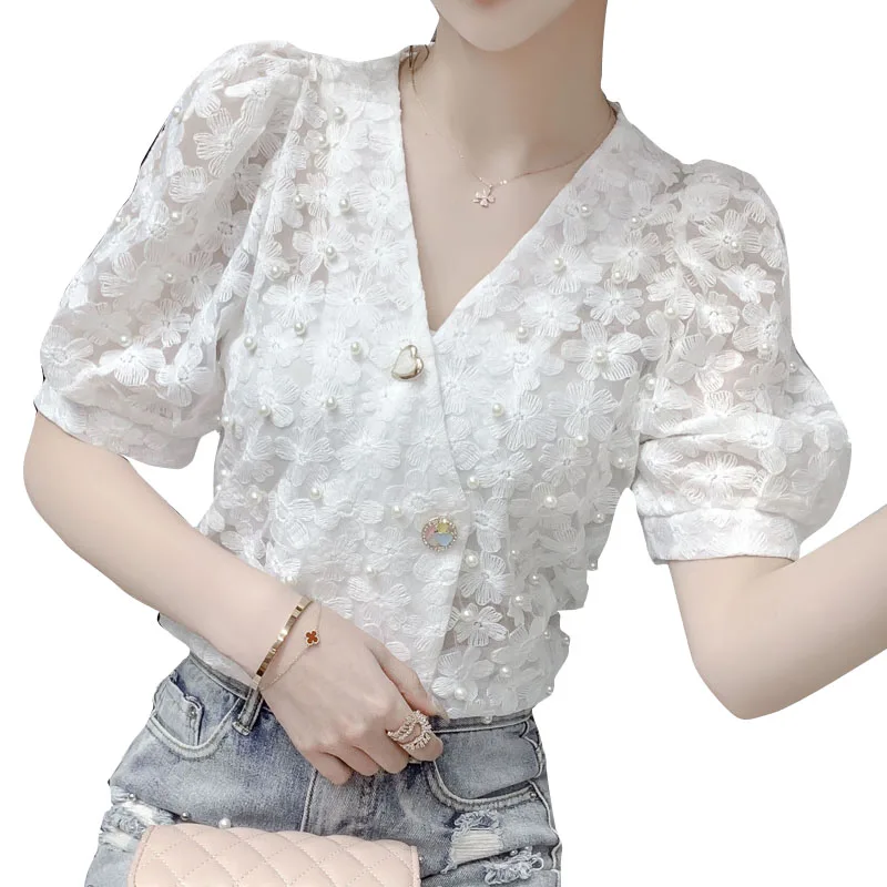 

COIGARSAM Lace blouse women New Summer Chiffon V-Neck blusas womens tops and blouses Apricot White 3161