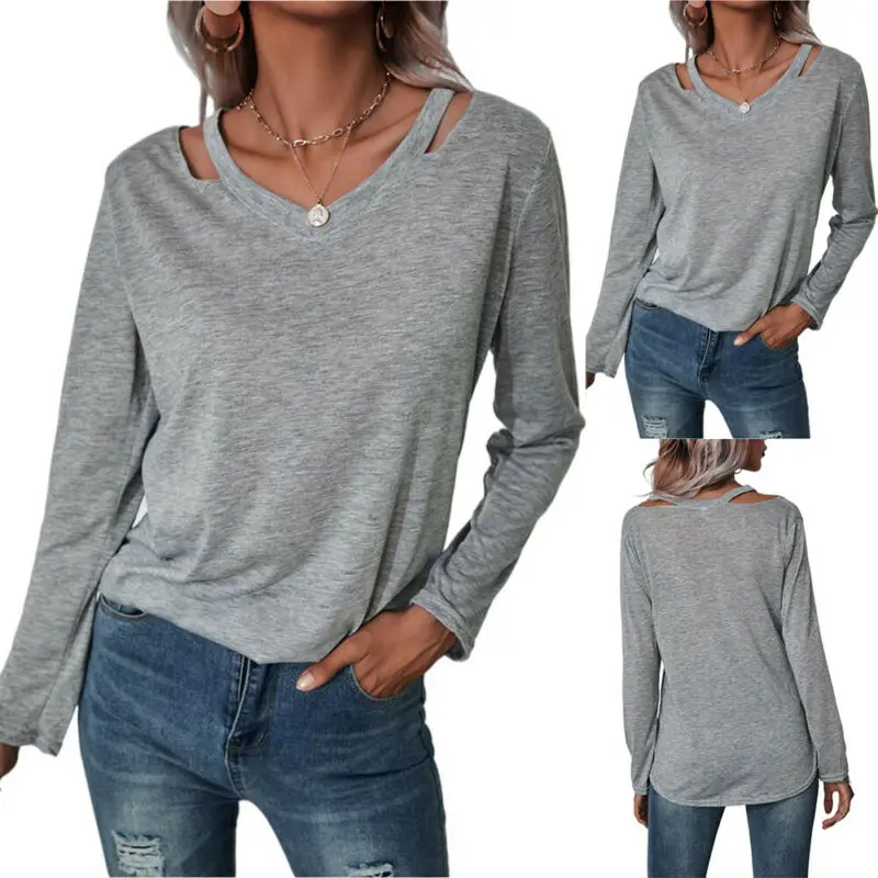 

Autumn Hollow Out One Shoulder Long Sleeve Sling Shirts Tops Women Basic Clothing Grey Tees