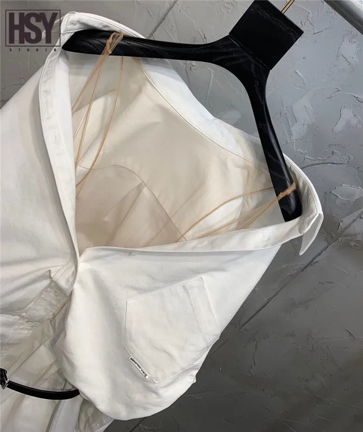 【HSY Studio】2019 new autumn women dress nets yarn vest patchwork fake two piece black belt off shoulder cotton white shirt | Женская