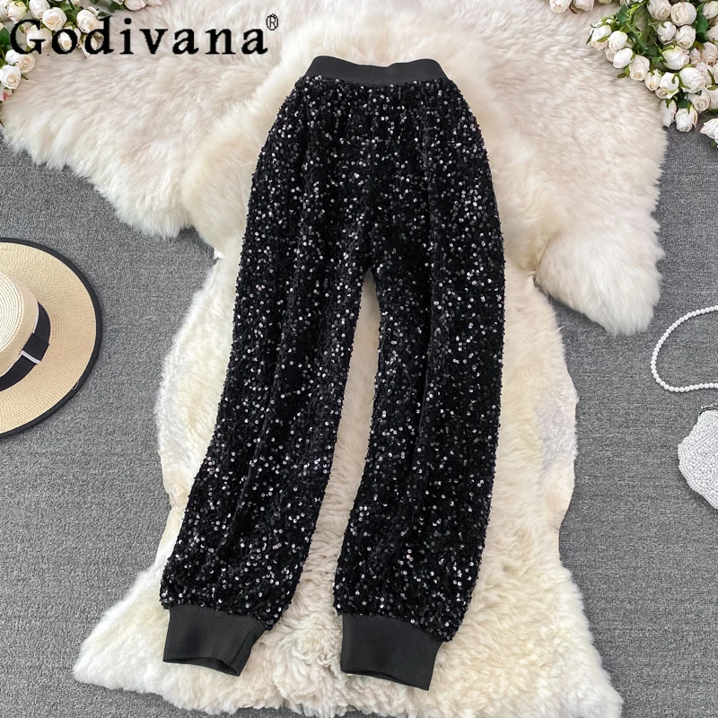 

Fashion Sequins Loose High Waist Trousers for Women Winter New Casual Pants Solid Color Ankle Banded Working Pants Ladies