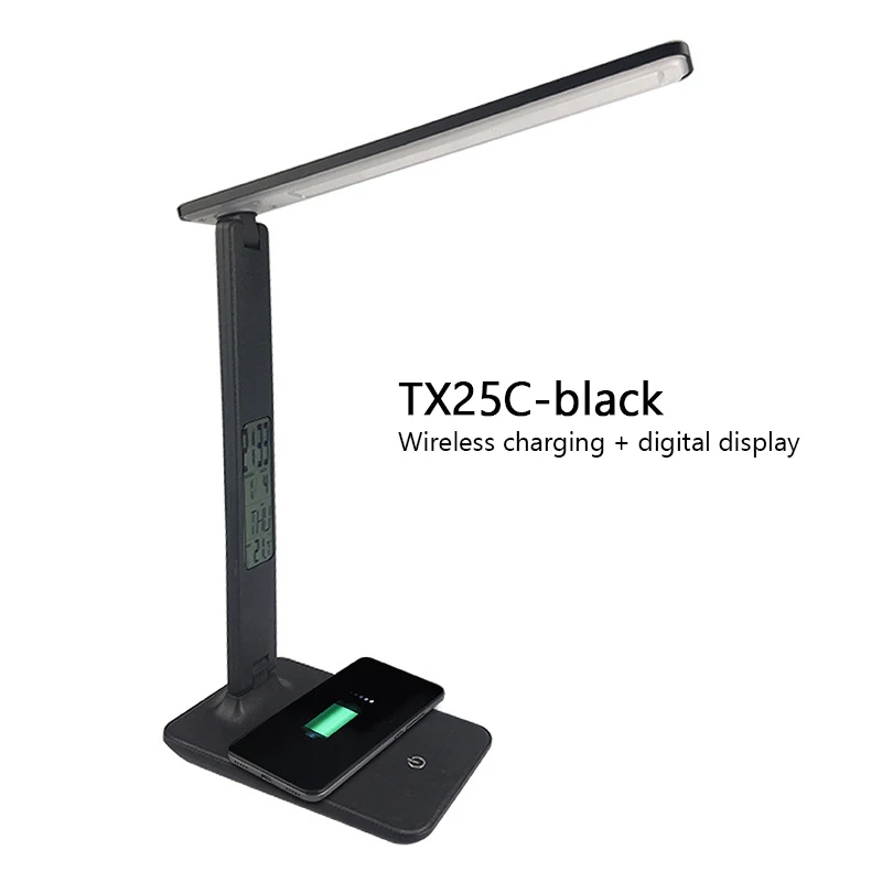 

Modern Business Wireless Charging Led Office Desk Lamp Touch Dimmable Foldable With Calendar Temperature Alarm Clock Table Light