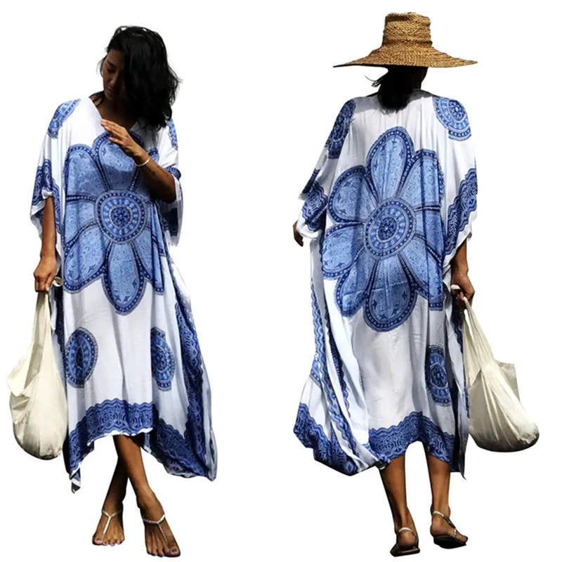 

Women Big Flower Print Beach Dress Batwing-Sleeve Oversize Kaftan Robe 2019 Summer Swimsuit Bikini Cover Up Cotton Pareo Mujer