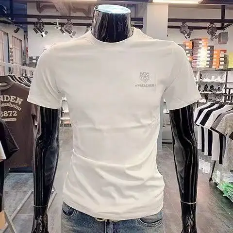 

100% cotton trend tiger head embroidered round neck short sleeve social men's slim t-shirt