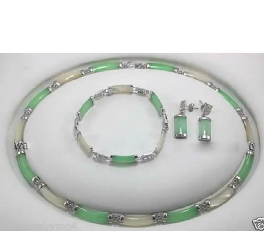 

New Jewelry Green White Jade Link Necklace Bracelet earrings Set Natural jewelry
