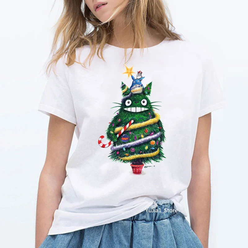 

Christmas Totoro T Shirt Women Studio Ghibli Harajuku Kawaii T-shirt Miyazaki Hayao Funny xmas Tshirt Cute 90s Tops Female Tees