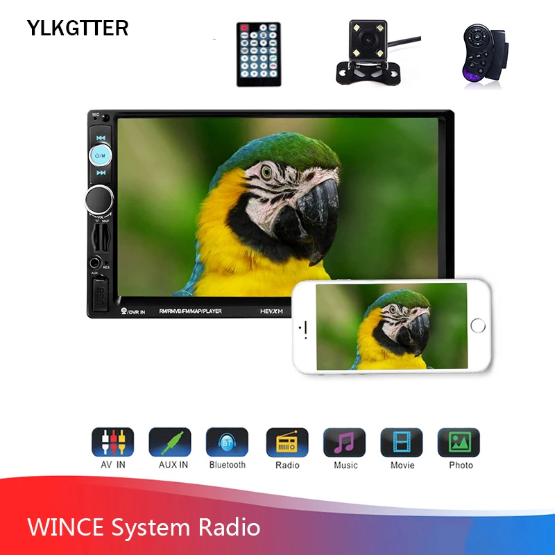 YLKGTTER 7INCH 2din Car Multimedia Player Car Rearview Camera TFT Touch HD Screen Remote GPS Function MP5 Time Reminder FM Radio