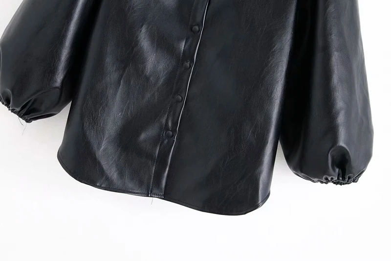 Autumn New Puff sleeve Short Blouse Women Fashion Button Solid Faux Leather Shirts Ladies Casual Black Tops Female Blusas