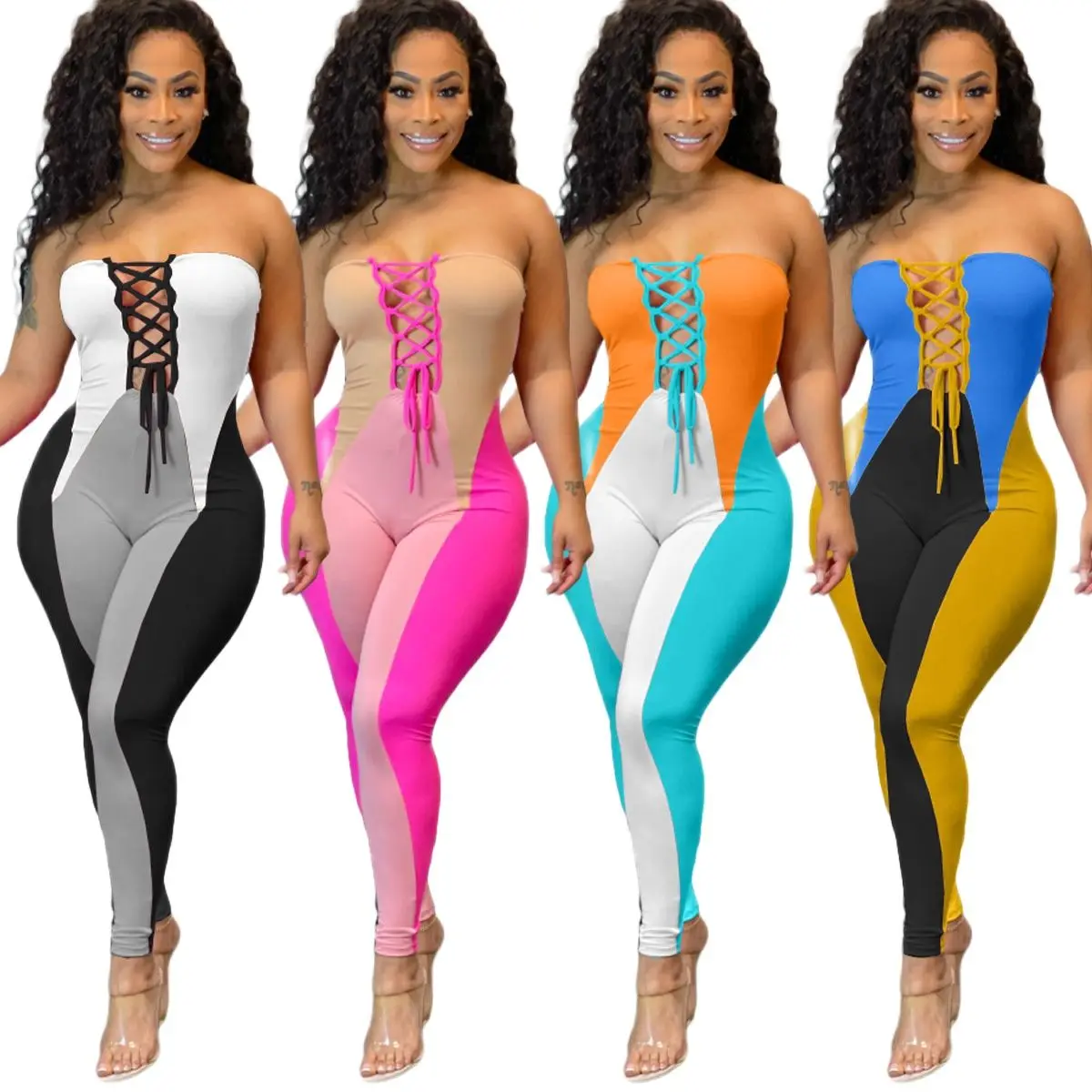 

2021Summer One Pieces Jumpsuit Women Stretchy Patchwork Stacked Legging Off Shoulder Playsuits Lady Bodycon Rompers