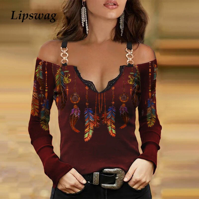 

3XL Vintage Sexy Chain Design Casual Blusa Fashion Pattern Printed Top Pullovers Female Women Elegant Off Shoulder Blouse Shirt