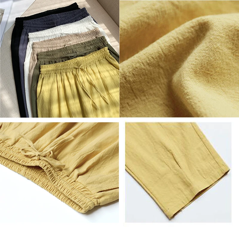 Брюки женские хлопково-льняные с завышенной талией повседневные свободные