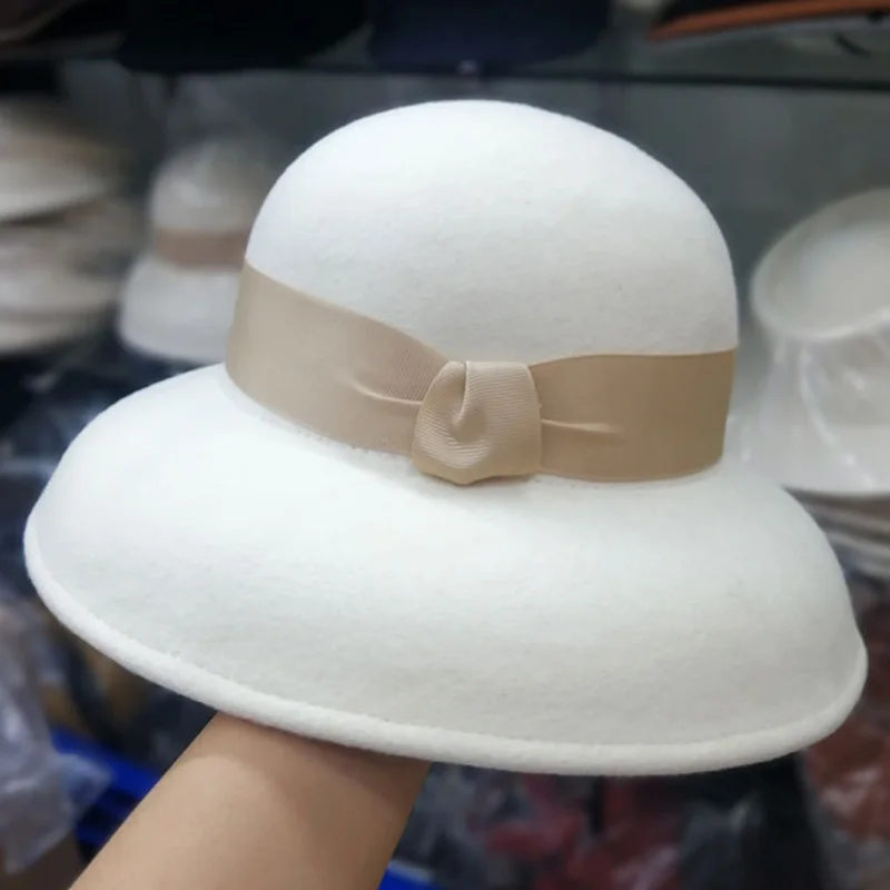 Классическая белая фетровая зимняя шапка теплая шерстяная колокол с бантом и