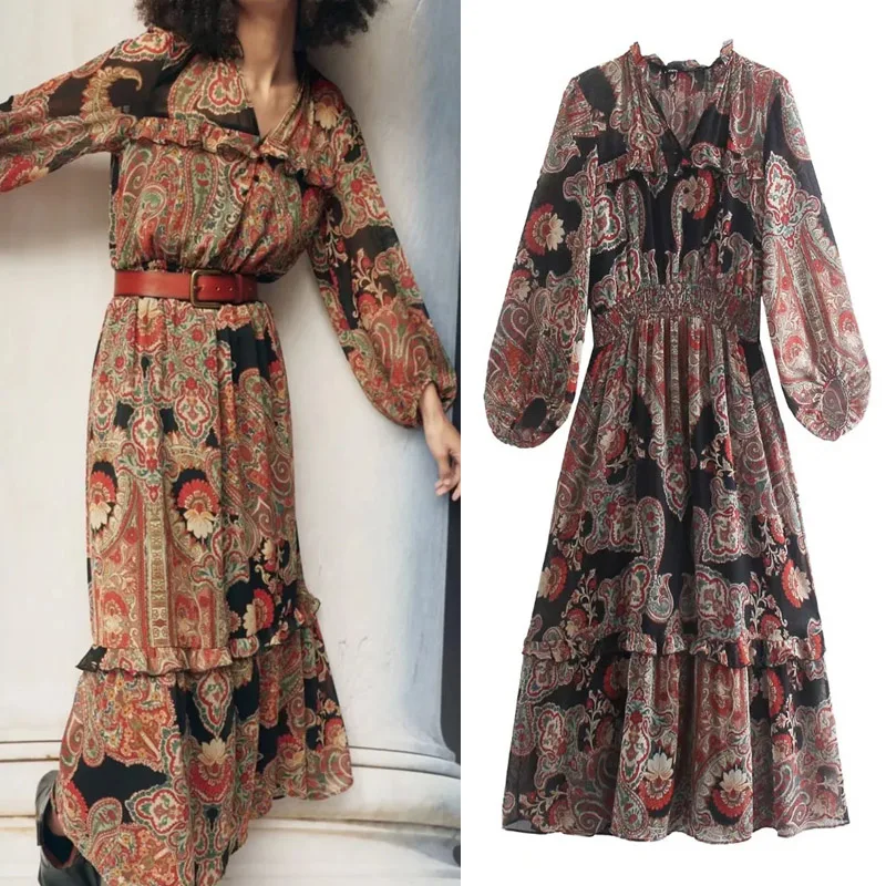 

Женское длинное платье с оборками, с принтом