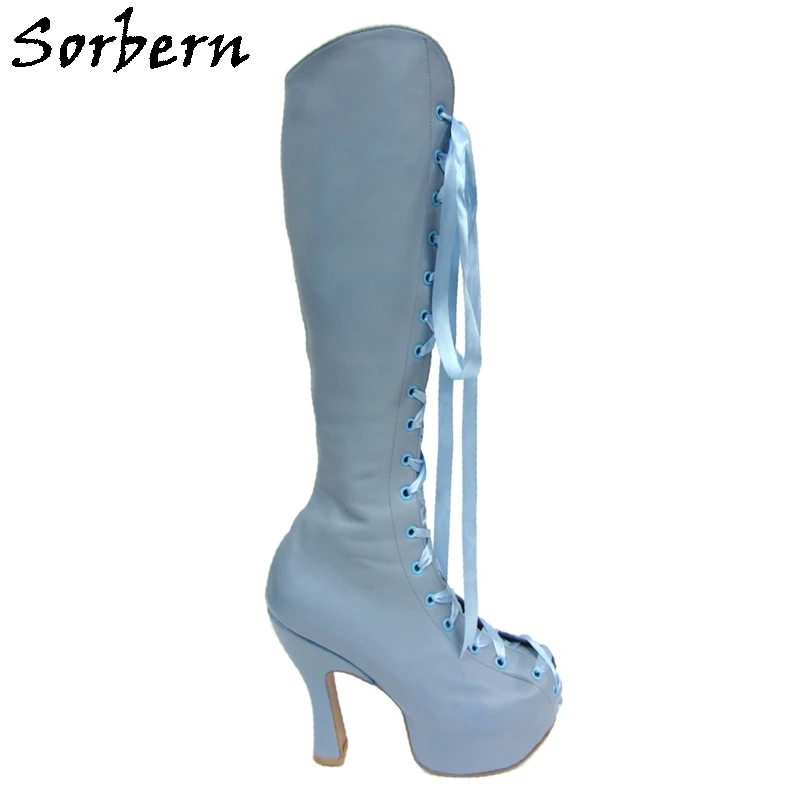 

Sorbern Knee High Women Boots Lace Up Block High Heels Platform Inside Zipper Lady Long Boots Cosplay Shoes Custom Wide Fit New
