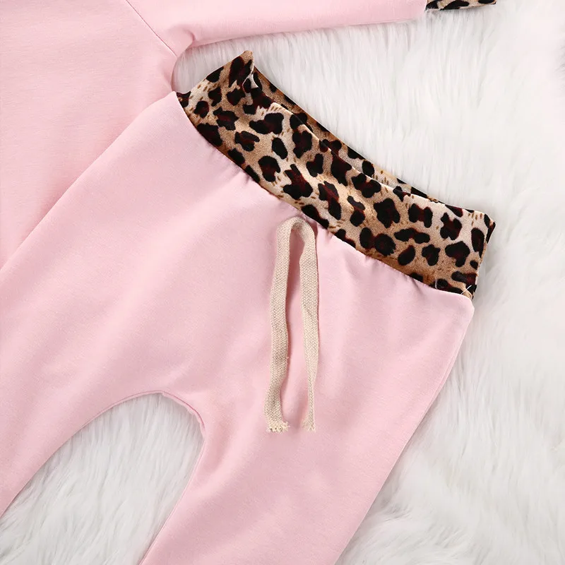 Cute Newborn Baby Clothes for Girls Pink Leopard Printed Hooded Sweater Solid Sweatshirt and Pants Toddler Kids Clothing Set | Детская