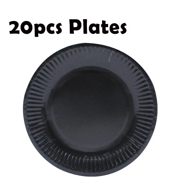 Plates 20pcs 20 шт. Черный твердый одноразовый набор посуды вечерние принадлежности салфетки тарелки чашки бумажные соломинки Свадебные украшения для вечеринки для взрослых - Цвет: Plates 20pcs