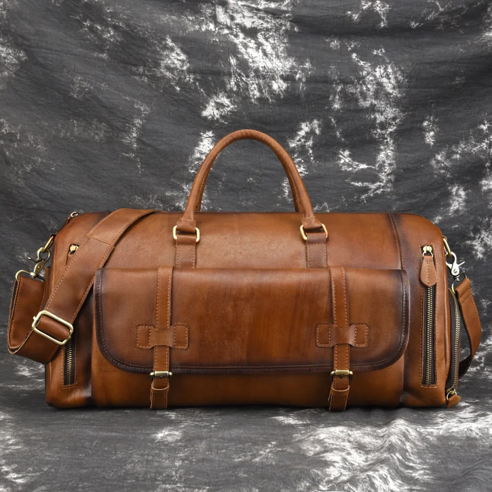 New Fashion Genuine Leather Men Portable Bag Vintage Suede Leather Travel Bag Cow Leather Duffel Bag Large-capacity Men's Bag