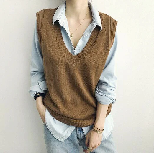 

Autumn Winter V Neck Sleeveless Sweater Vest Women Oversized Warm Jumper Knitted Vest Pollover Women Sweater Pull