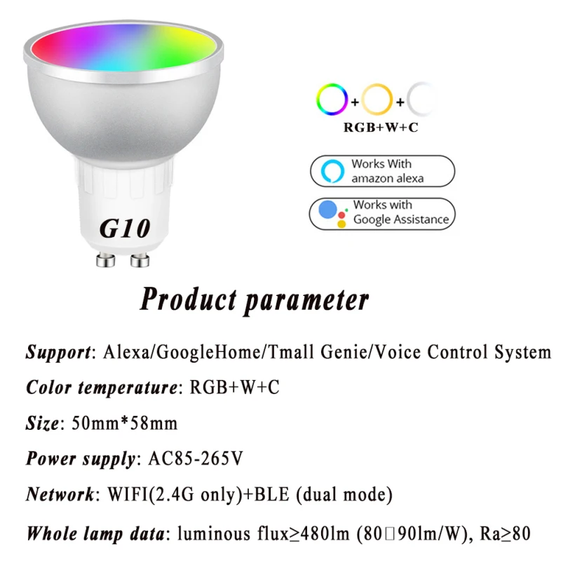 

Tuya WiFi+Bluetooth Gu10 Smart LED Light Bulb 5W RGBCW 2700-6500K Remote Voice Control Timing Work With Alexa Echo Google Home