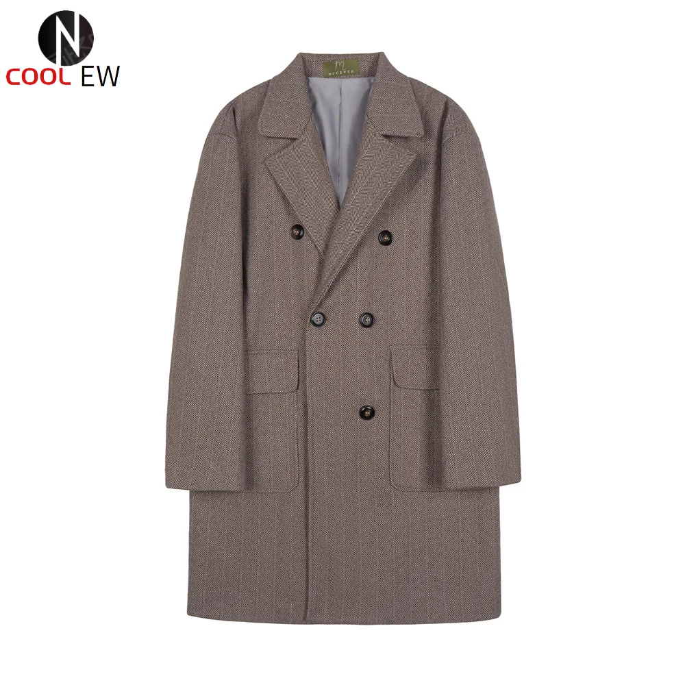 

Men's Woolen Coat Mid-length Tweed Herringbone Double-breasted Windbreaker Warm Winter Clothing for Male