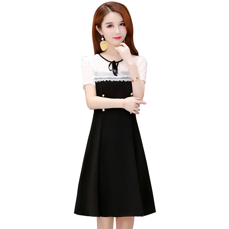 

Women's Spring Summer Style Dress Women's Short Sleeve Lace Up Patchwork O-neck Elegant A-Line Dress SS1622