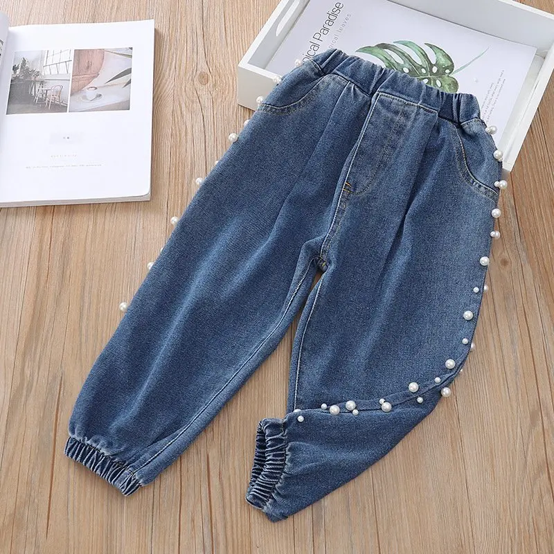 Новинка 2019 года Модные осенние джинсы с жемчужинами и бусинами Длинные свободные