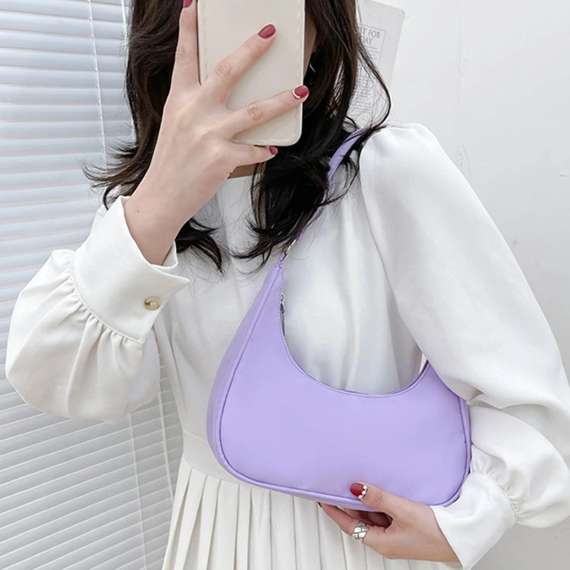 

Cute Hobo Tote Handbag Women Small Nylon Shoulder Underarm Bag Mini Clutch Purse with Zipper Closure Solid Color Shopping Bag