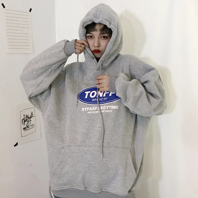 Harajuku Женская толстовка с длинным рукавом корейский стиль Ulzzang свободные флисовые толстовки с капюшоном женские повседневные Черные толстовки Топы - Цвет: see chart