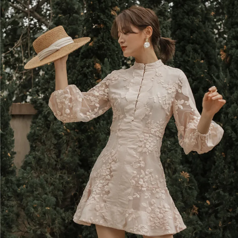 

Embroidery Retro Women's Dresses Stand Collar Long Sleeve High Waist Lace Mesh Patchwork Hollow Out Dresses Female