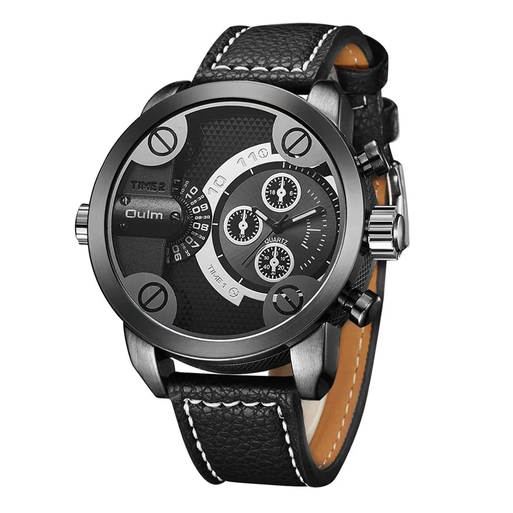 

2020 New Oulm Men Watch Military Sports Leather Strap Men's Quartz Watches GMT Two zone Imported Movement Mens Watches uhren