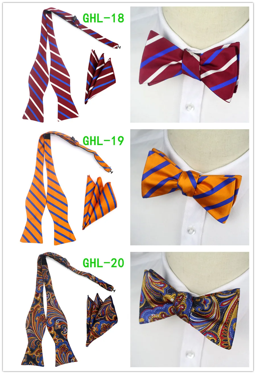 GHL1-20 шелковый галстук-бабочка, деловой галстук-бабочка, Мужской винтажный галстук-бабочка в полоску с узором пейсли, в горошек, Свадебный галстук-бабочка, карманный квадратный платок, набор