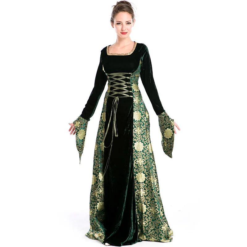 Средневековый костюм зеленый бархат с расклешёнными рукавами Женские сапоги в