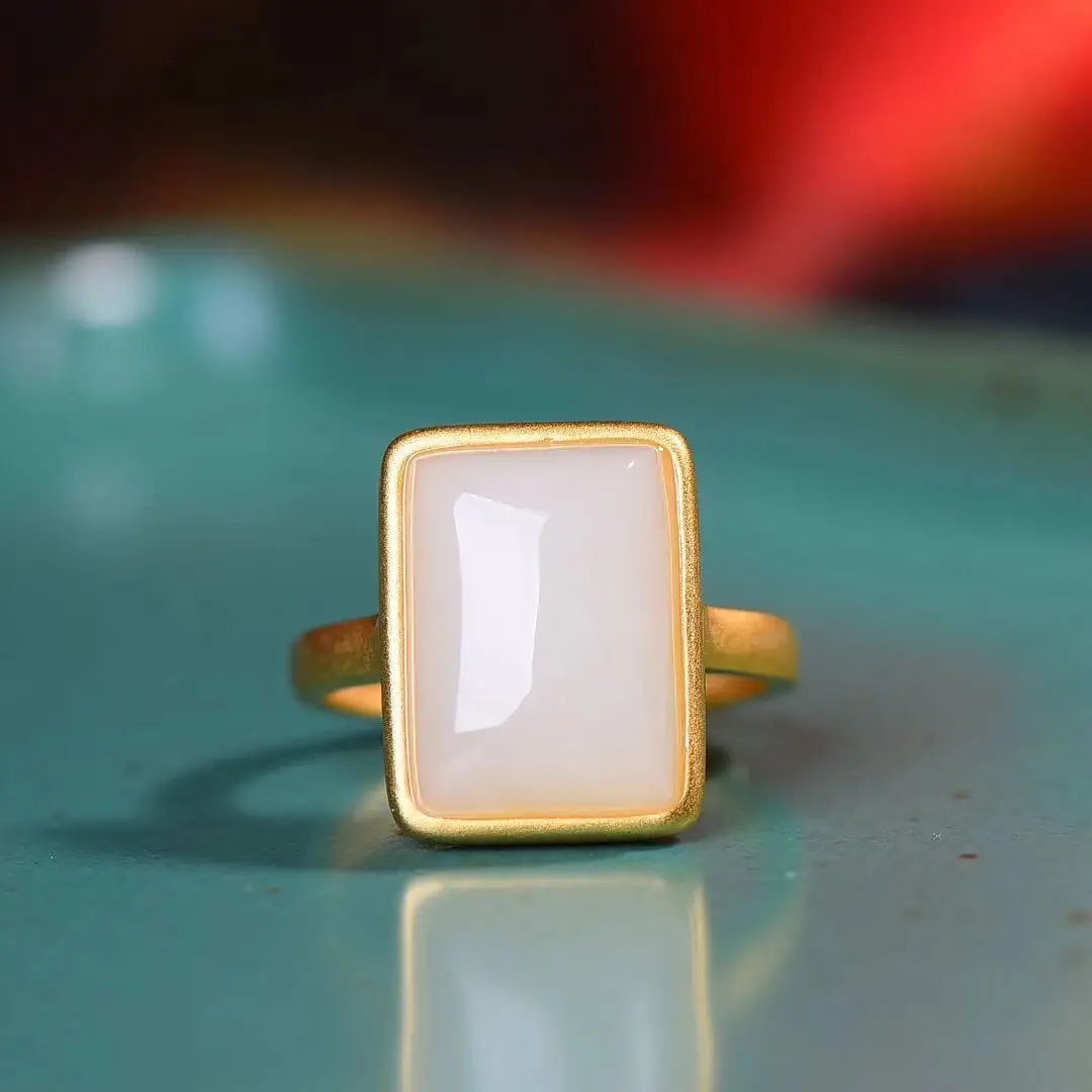 

Natural 925 Silver Inlaid Hetian Jade Square Ring