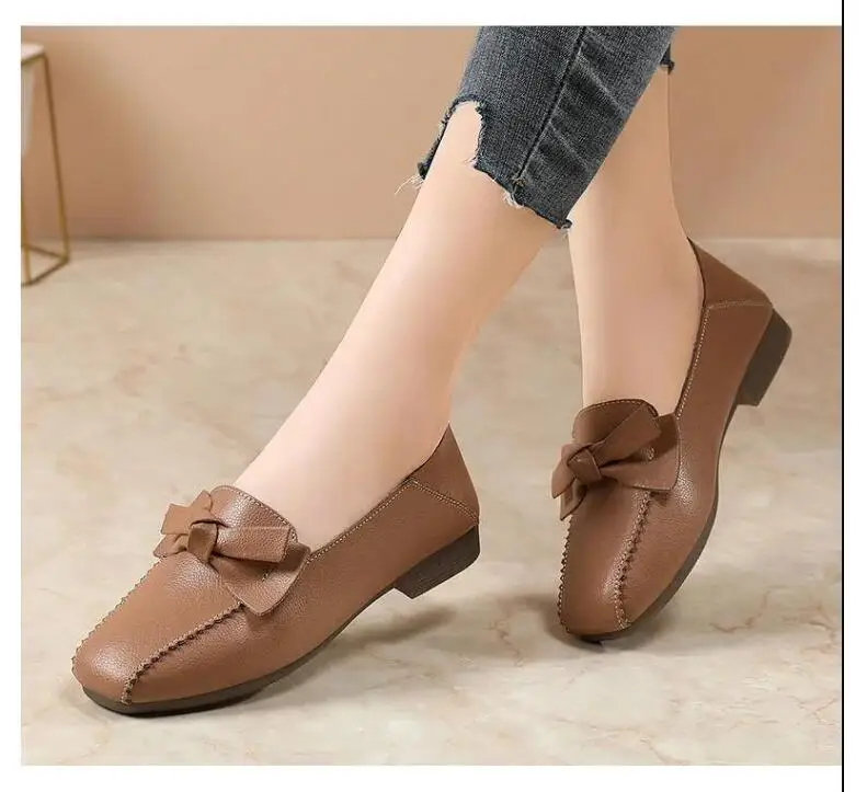 2021 new single shoes women's flat shoes mother leather shoes soft sole comfortable bow tendon sole peas shoes