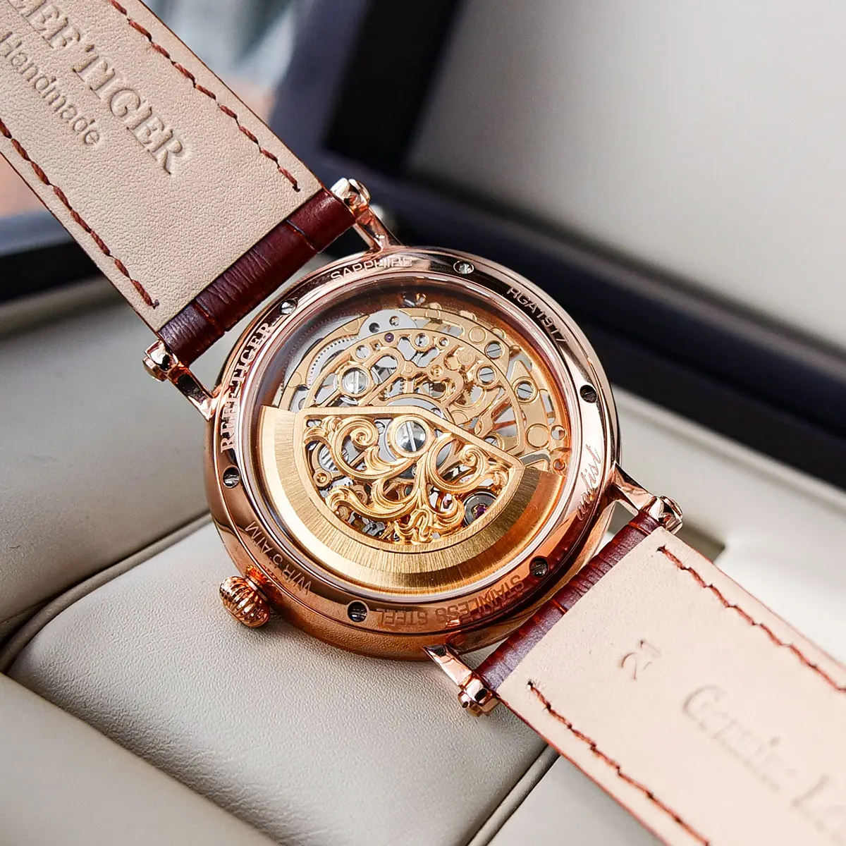 

Reef Tiger/RT Men's Vintage Business Automatic Watches with Skeleton Dial Rose Gold Tone Brown Leather Strap Watch RGA1917