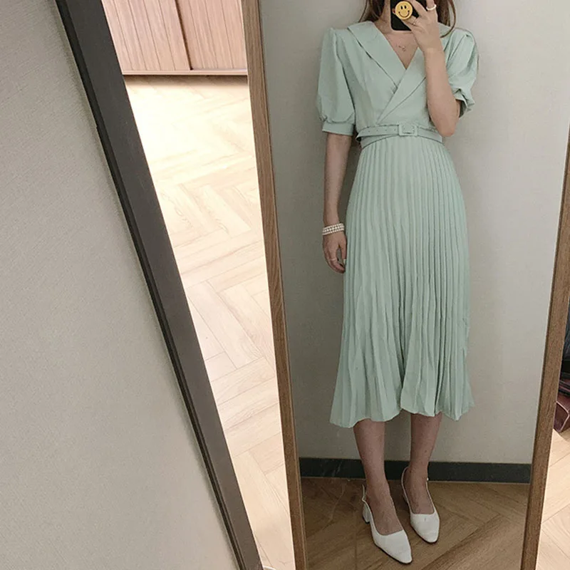

2021 Summer New One-Piece French Elegant Pleated Women Suit Dress Korean Chic Office Ladies Puff Short Sleeves Female Long Dress